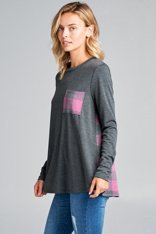 Women's Casual Long Sleeve Plaid Pocket Top