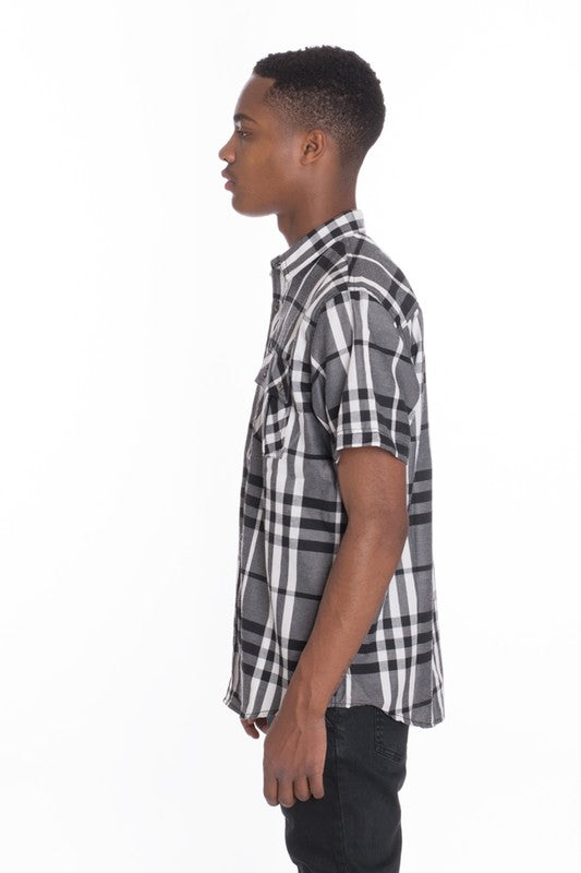 Men's Casual Short Sleeve Checker Plaid Shirt