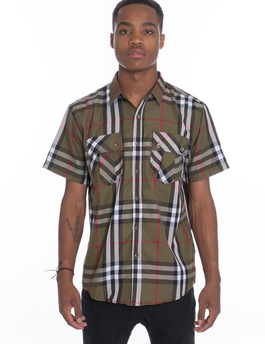 Men's Casual Short Sleeve Checker Plaid Shirt