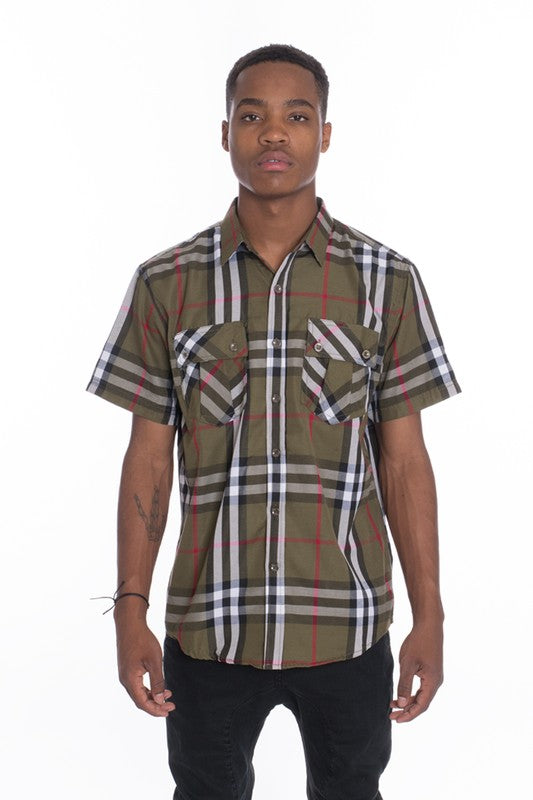 Men's Casual Short Sleeve Checker Plaid Shirt