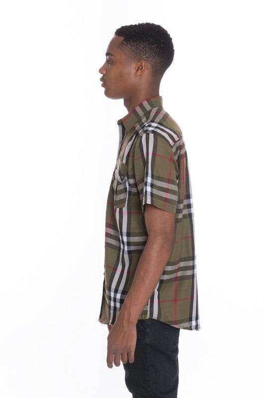 Men's Casual Short Sleeve Checker Plaid Shirt