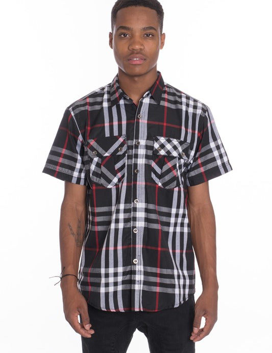 Men's Casual Short Sleeve Checker Plaid Shirt