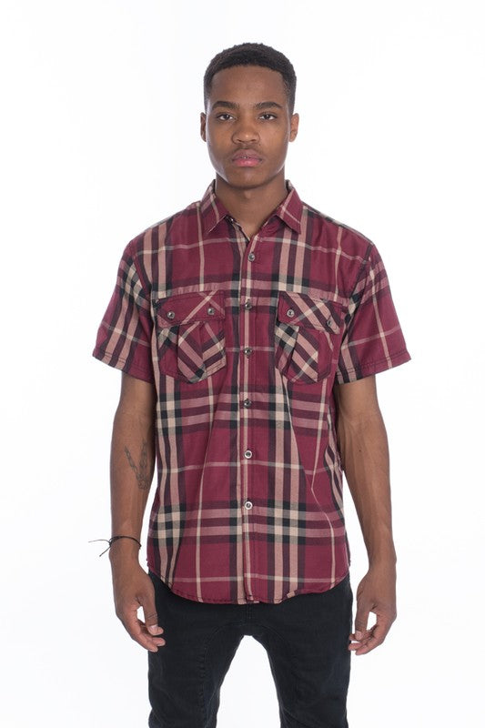 Men's Casual Short Sleeve Checker Plaid Shirt