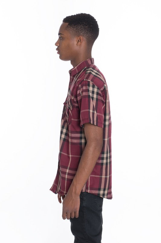 Men's Casual Short Sleeve Checker Plaid Shirt