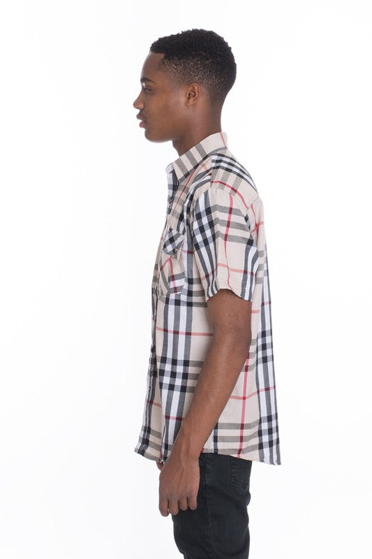 Men's Casual Short Sleeve Checker Plaid Shirt