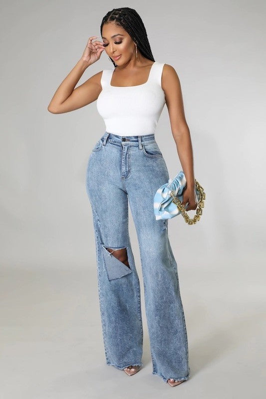 Women's High Rise Wide Leg Stone Wash Jeans