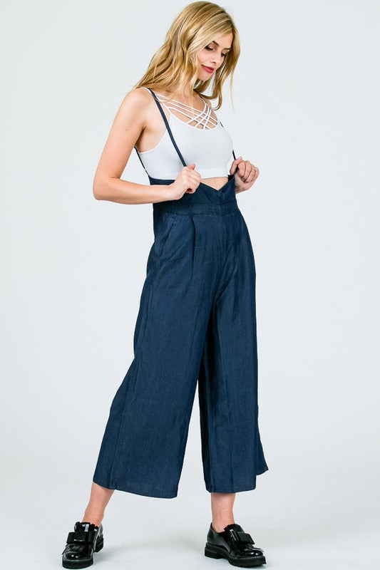 TENCEL SUPER WAIST SUSPENDER WIDE LEG CAPRI PANTS