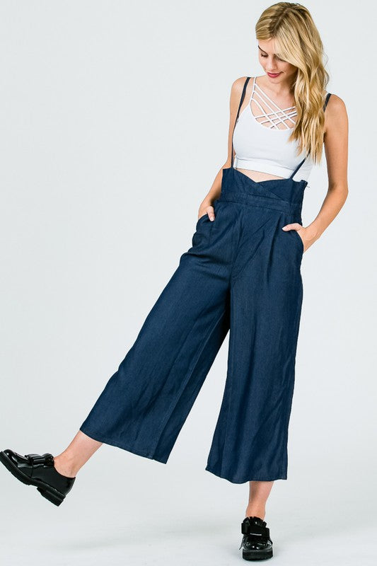 TENCEL SUPER WAIST SUSPENDER WIDE LEG CAPRI PANTS