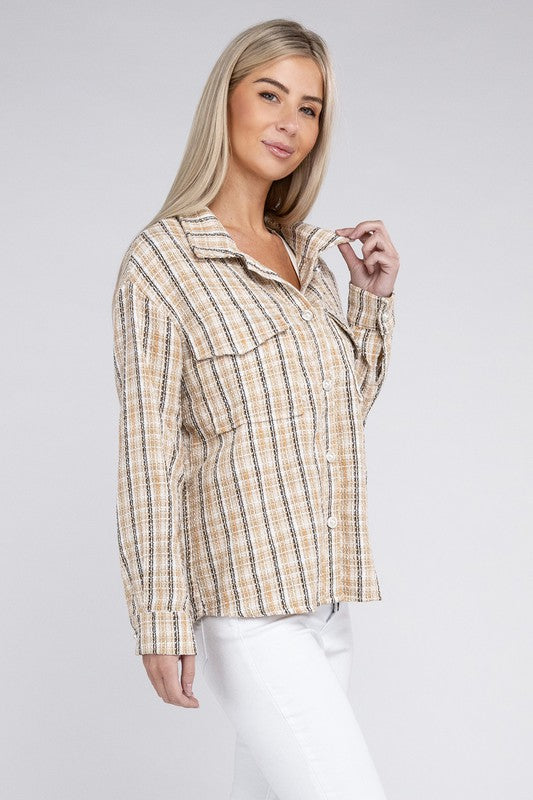 Women's Plaid Tweed Shacket with Drop Shoulder Sleeves