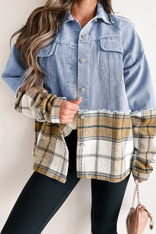 Women's Oversized Plaid Patchwork Denim Jacket