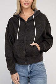 Women's Relaxed Fit Acid Wash Fleece Cropped Zip-Up Hoodie