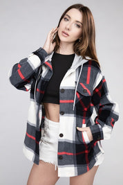 Women's Casual Hooded Plaid Fleece Shacket