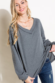 Women's Solid Waffle V Neck High Low Boxy Top