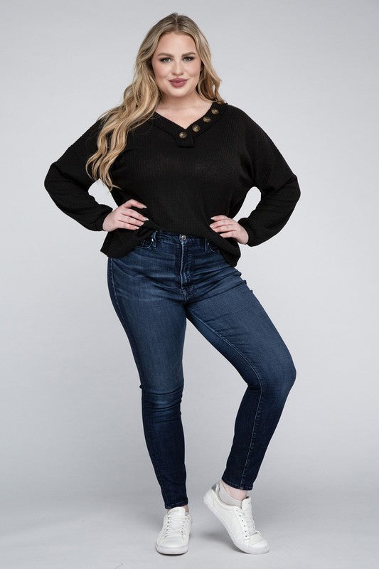 Plus Size Oversized Waffle Knit V-Neck Button Sweater