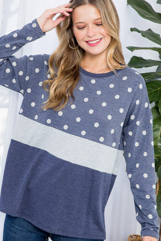 Women's Loose Fit Polka Dot Colorblock Casual Top