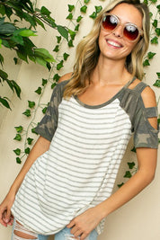 Women's Stripe Camo Ladder Sleeve Top