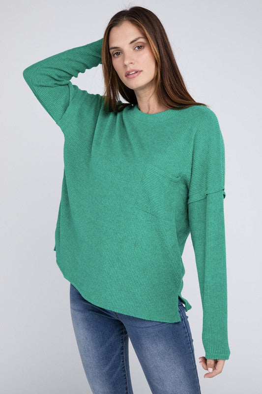 Women's Oversized Ribbed Melange Hacci Sweater with Pocket