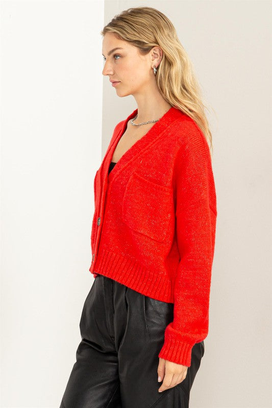 Women's Cropped V-Neck Cardigan Sweater with Button Closure