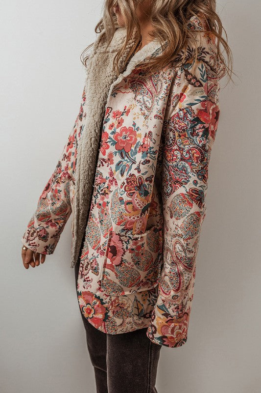 Women's Hooded Floral Sherpa Lined Jacket