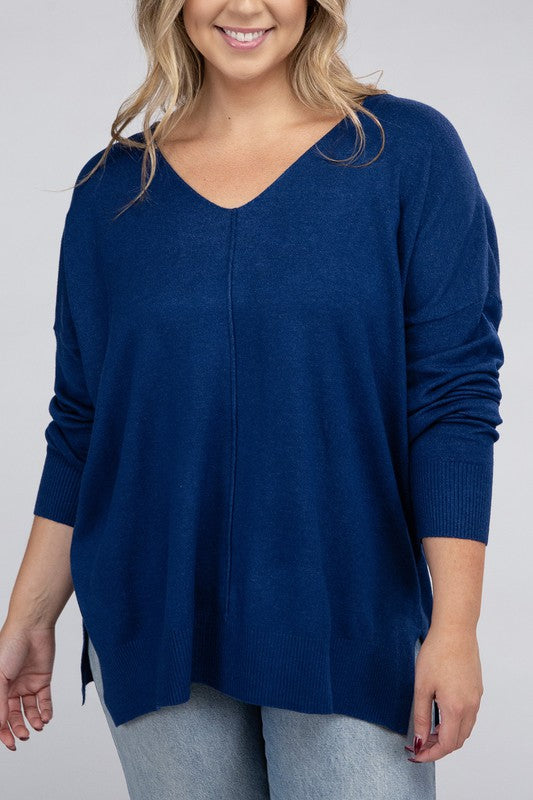 Women's Plus Oversized V-Neck Garment Dyed Sweater