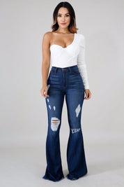 Women's High Rise Bell Bottom Jeans with Ripped Detail