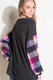 Plus Size Casual Multi Plaid Mixed Long Sleeve Top