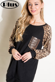 Women's Casual Solid and Animal Print Pocket Tunic Top