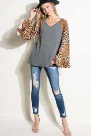 Plus Size Casual V-Neck Cheetah Mixed Blouse Top