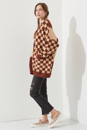 Women's Checkered Oversized Sweater with Button Closure