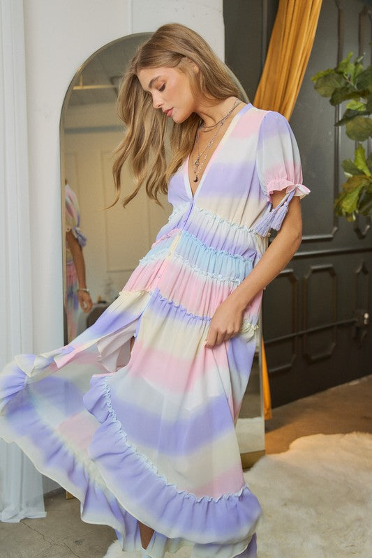 Women's Ombre Striped V-Neck Maxi Dress with Puff Sleeves