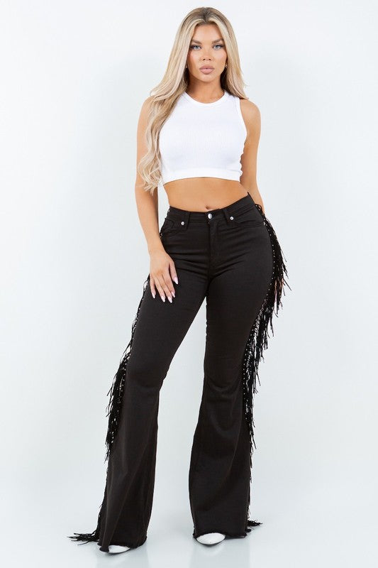 Women's High Rise Fringe Bell Bottom Jeans