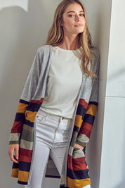 Women's Open Front Brushed Stripe Cardigan with Pockets