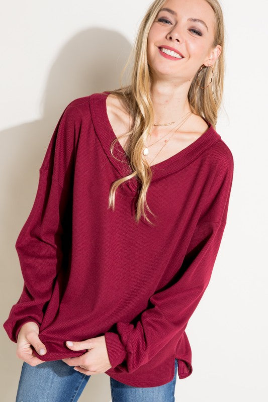 Women's Solid Waffle V Neck High Low Boxy Top