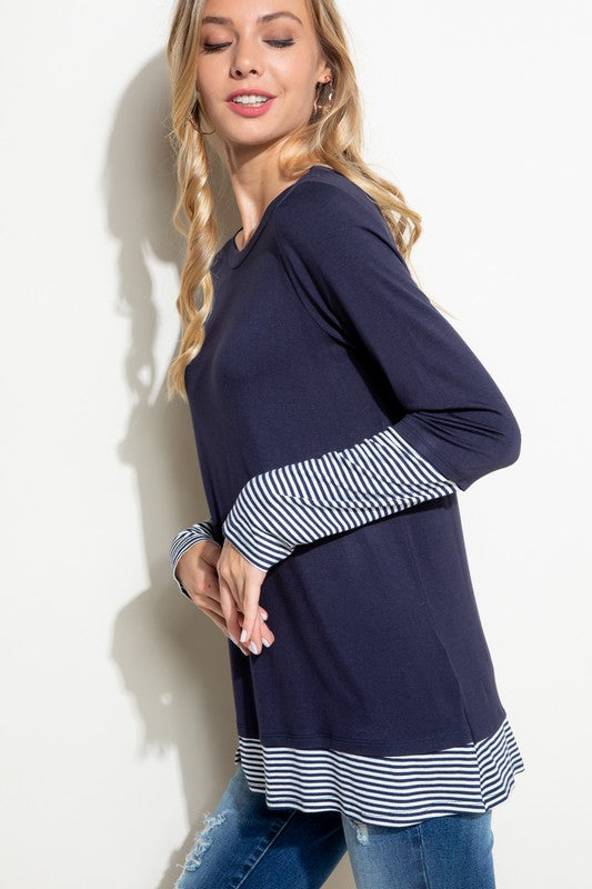 Plus Size Casual Pin Stripe Mixed Long Sleeve Top