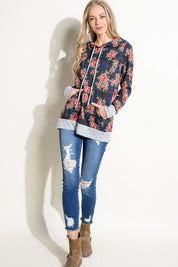 Women's Casual Plaid Floral Mix Hoodie Sweatshirt