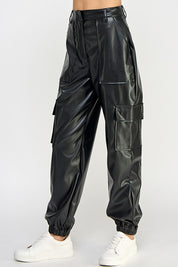 Women's Casual Loose Fit Vegan Leather Cargo Pants