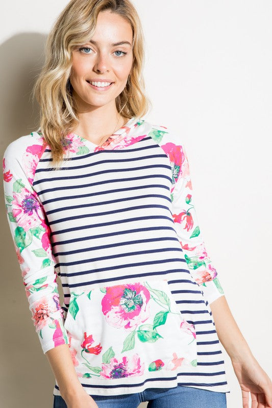 Women's Casual Stripe Floral Mixed Sweatshirt