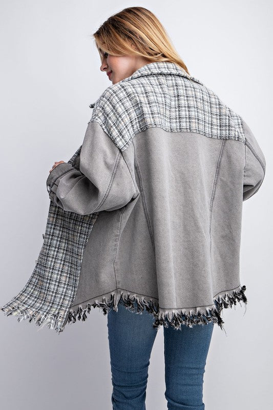 Women's Oversized Tweed Denim Shacket with Fringed Hem