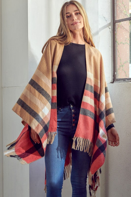 Women's Fringe Trim Plaid Poncho Shawl