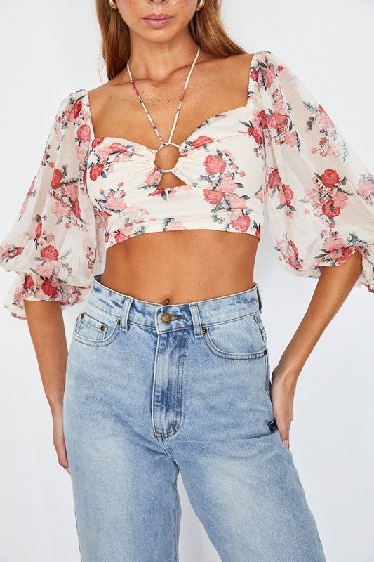 Women's Chic Floral Chiffon Balloon Sleeved Bustier Crop Top