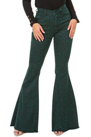 Women's Pine Green Leopard Print Bell Bottom Jeans