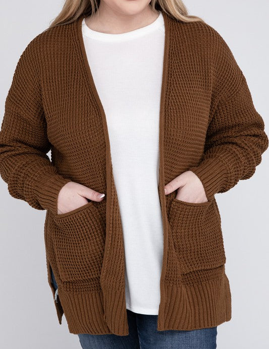 Plus Low Gauge Waffle Open Cardigan Sweater