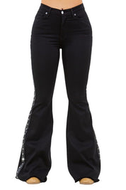 Women's High Rise Bell Bottom Jeans with Frayed Hem