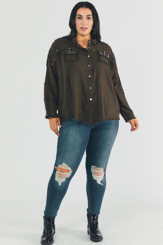 Plus Size Oversized Distressed Hem Button-Down Shirt