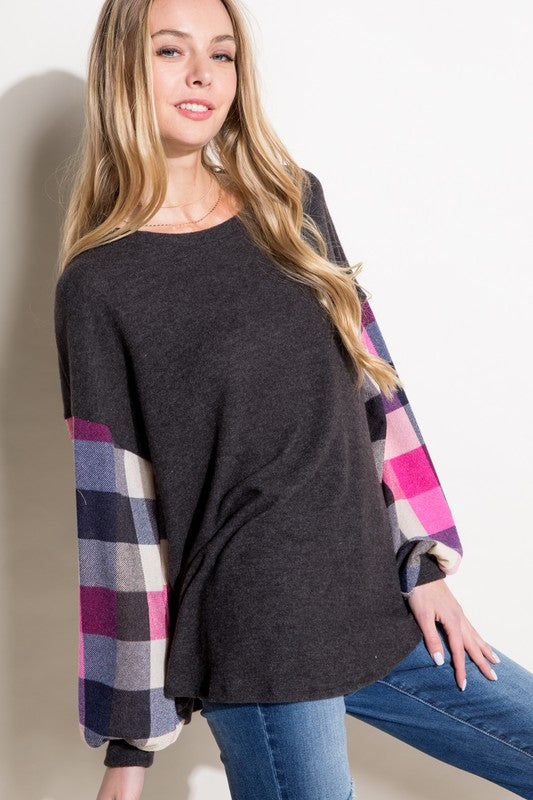 Women's Loose Fit Multi Plaid Long Sleeve Top