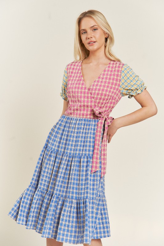 Women's Colorblock Gingham Tiered Dress