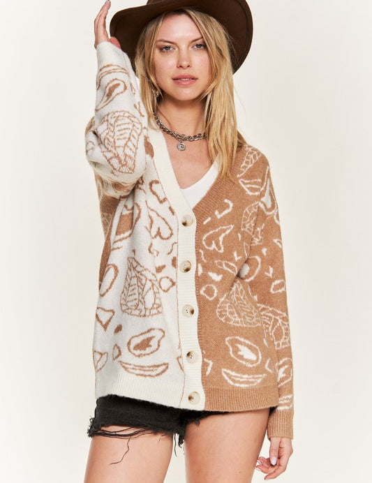 Women's Oversized Heart Paisley Color Block Cardigan