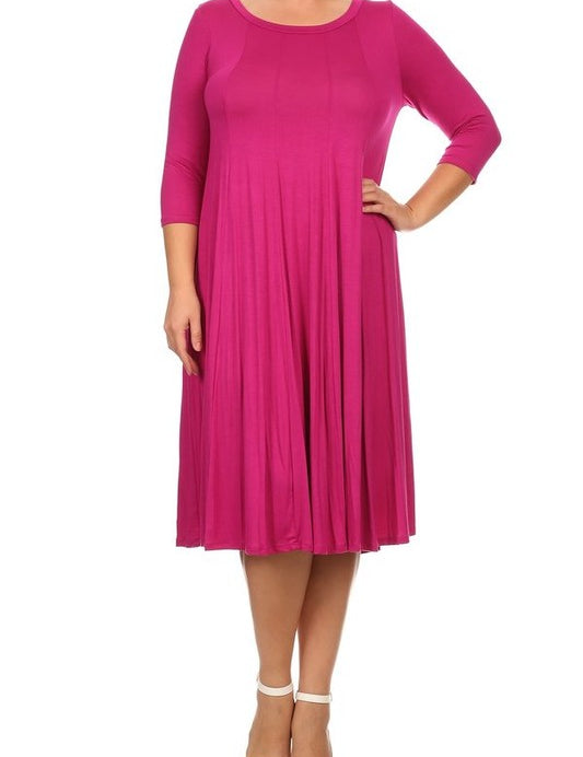 4 Sleeve Solid Midi Dress