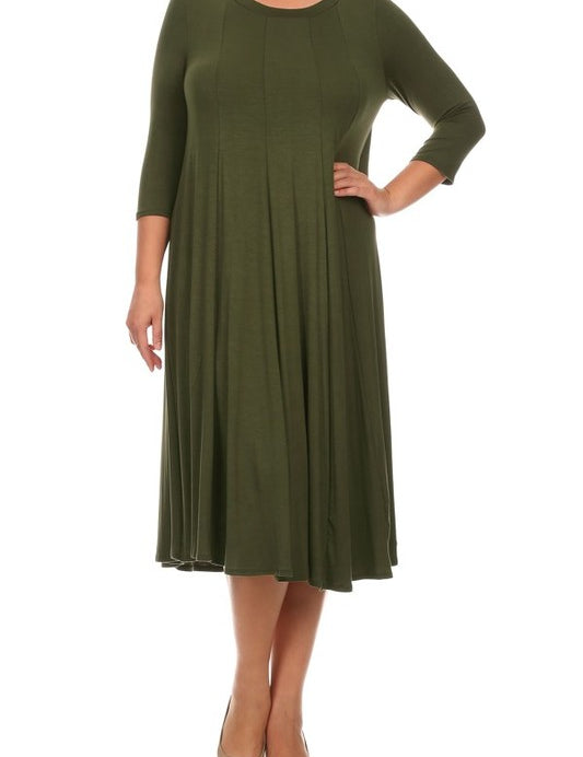 4 Sleeve Solid Midi Dress