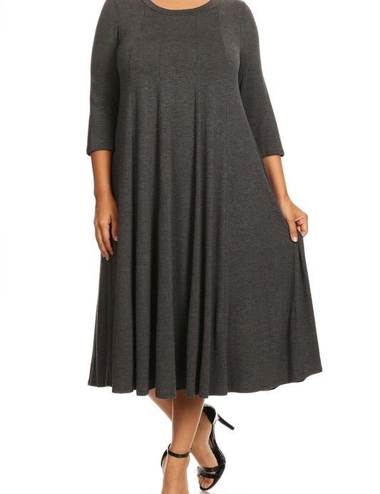 4 Sleeve Solid Midi Dress